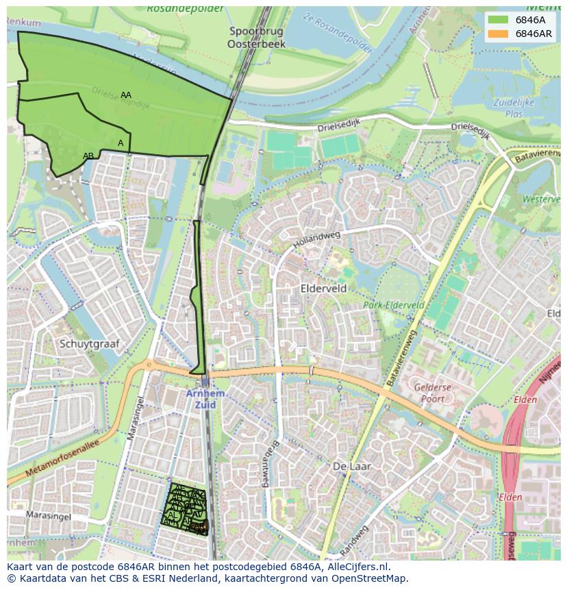 Afbeelding van het postcodegebied 6846 AR op de kaart.