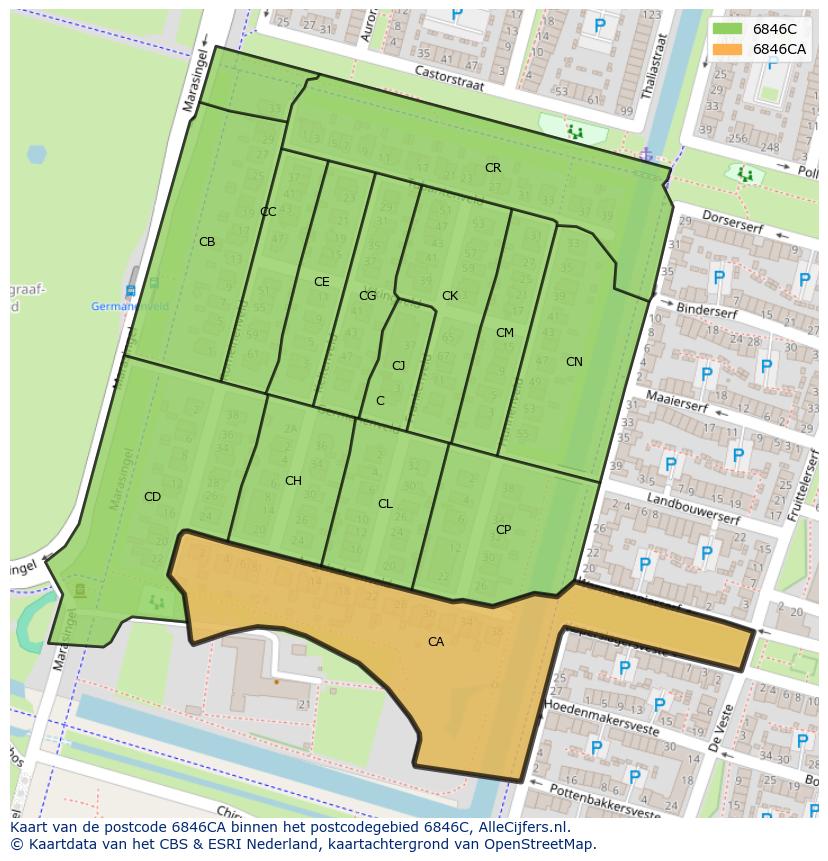 Afbeelding van het postcodegebied 6846 CA op de kaart.