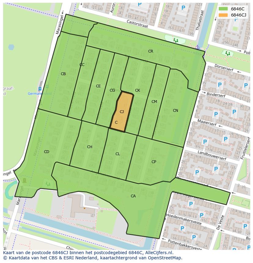 Afbeelding van het postcodegebied 6846 CJ op de kaart.