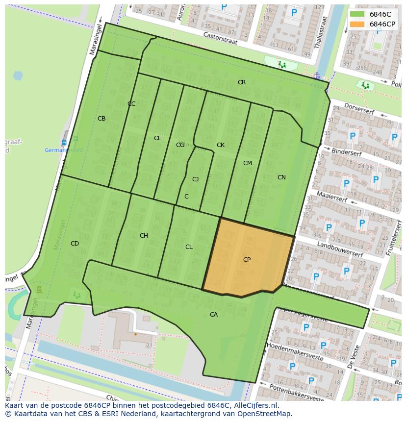 Afbeelding van het postcodegebied 6846 CP op de kaart.
