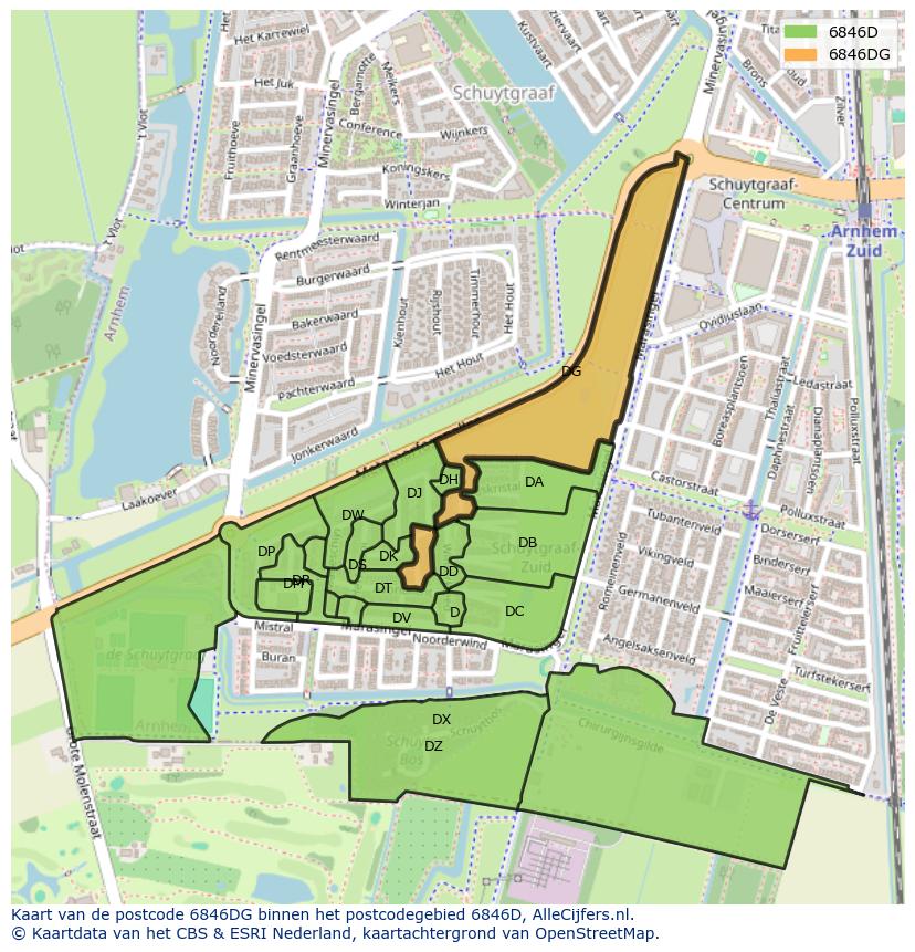 Afbeelding van het postcodegebied 6846 DG op de kaart.
