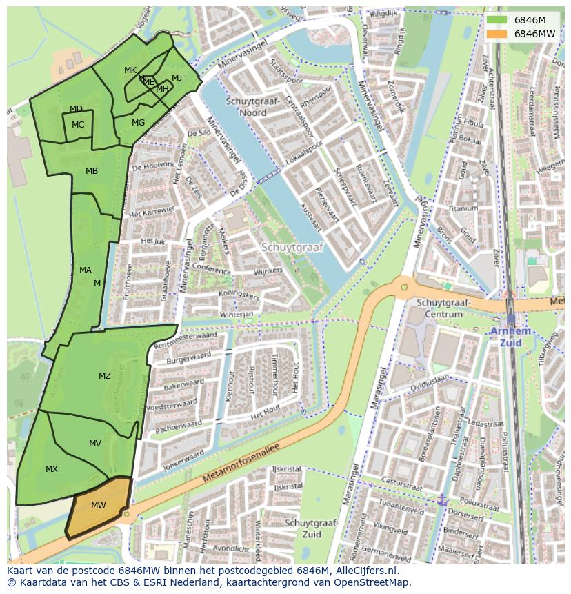 Afbeelding van het postcodegebied 6846 MW op de kaart.