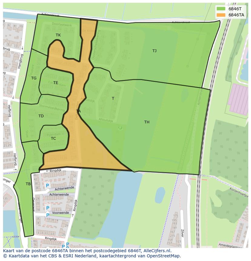 Afbeelding van het postcodegebied 6846 TA op de kaart.