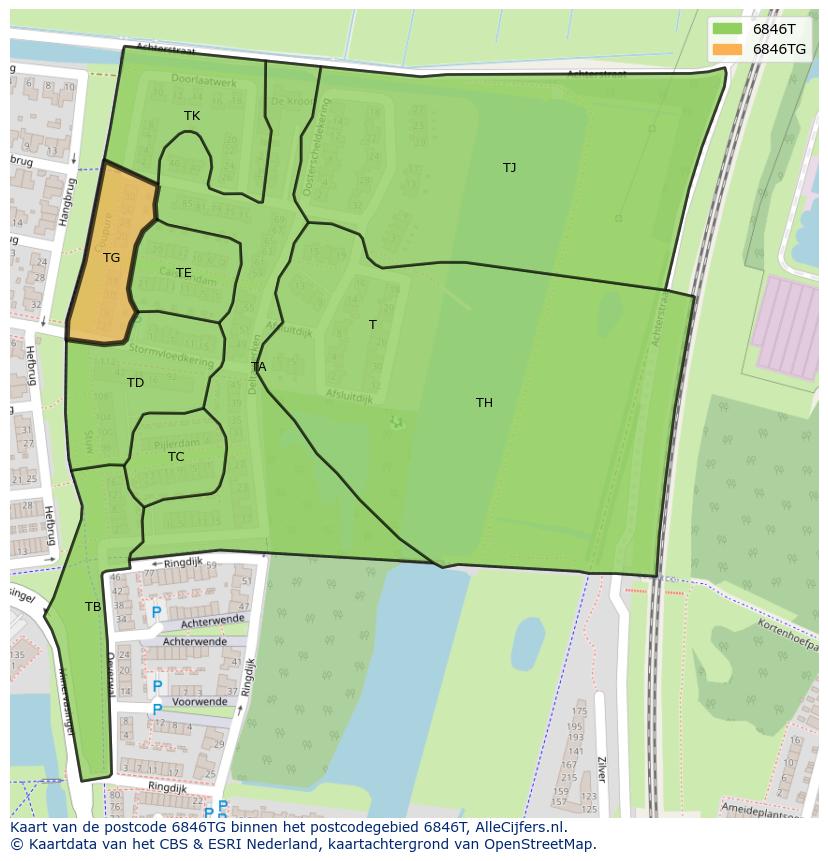Afbeelding van het postcodegebied 6846 TG op de kaart.