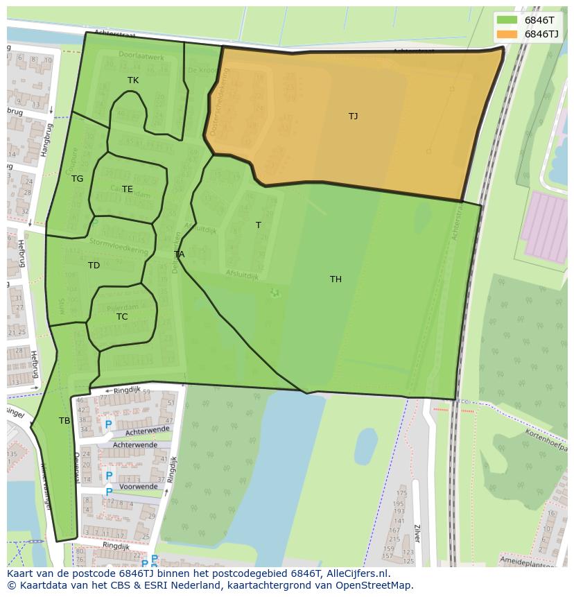 Afbeelding van het postcodegebied 6846 TJ op de kaart.