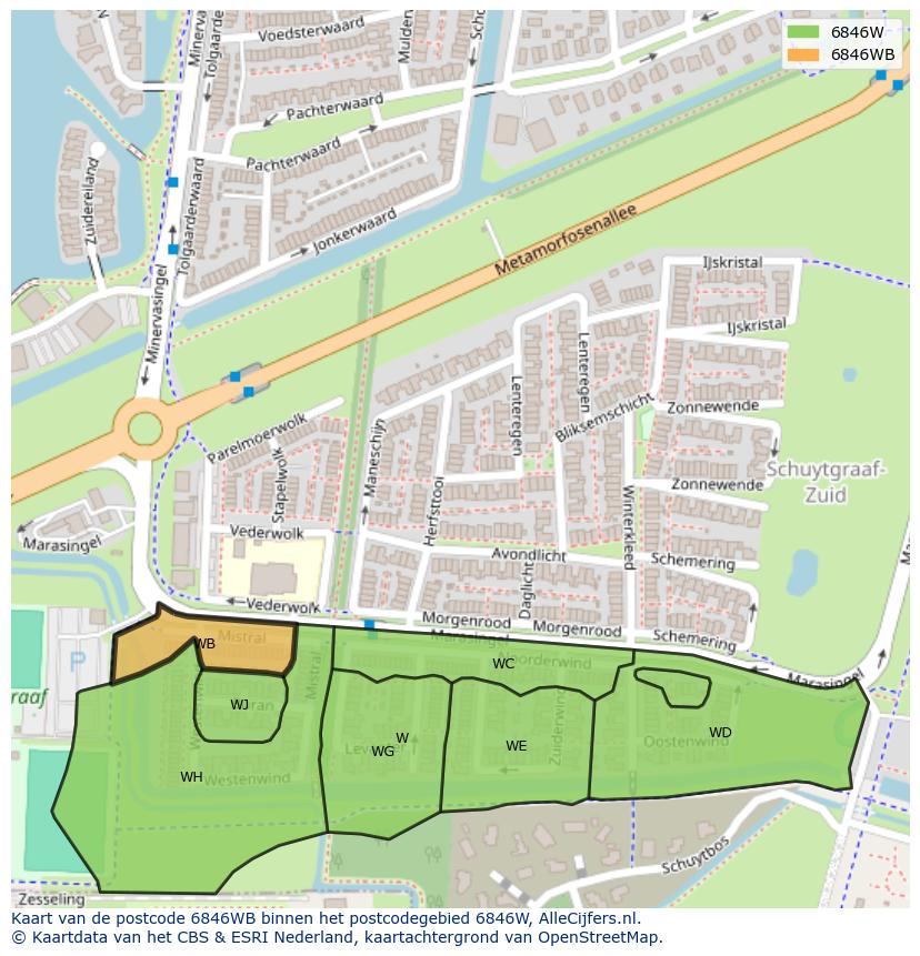 Afbeelding van het postcodegebied 6846 WB op de kaart.