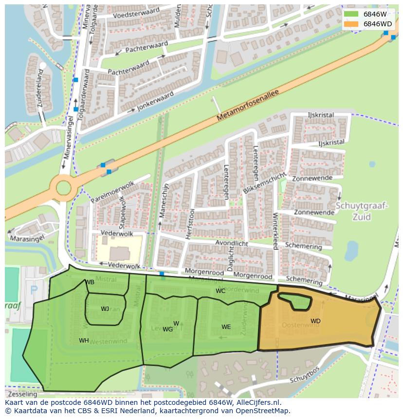 Afbeelding van het postcodegebied 6846 WD op de kaart.