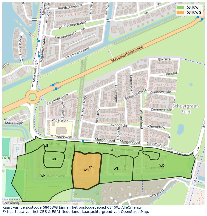 Afbeelding van het postcodegebied 6846 WG op de kaart.