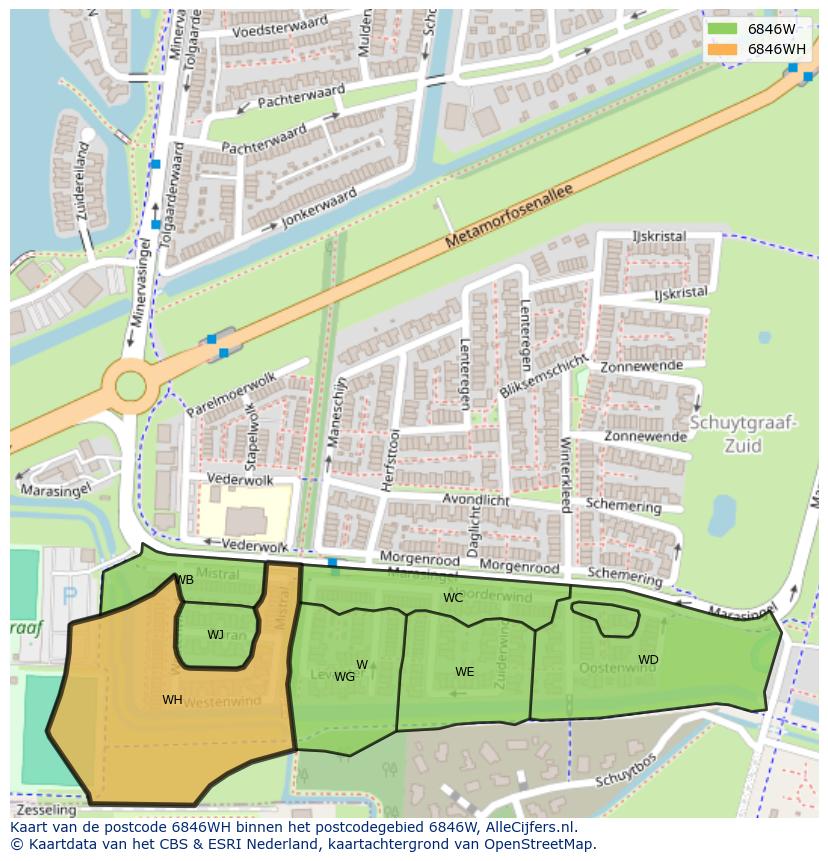 Afbeelding van het postcodegebied 6846 WH op de kaart.