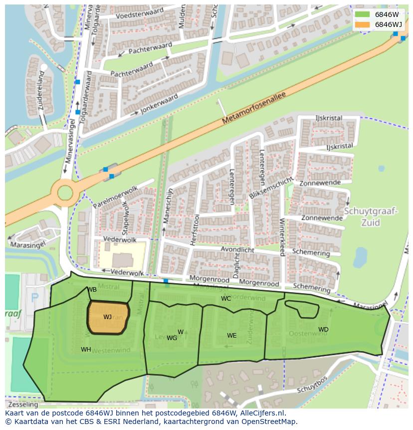 Afbeelding van het postcodegebied 6846 WJ op de kaart.