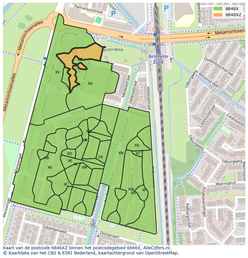 Afbeelding van het postcodegebied 6846 XZ op de kaart.