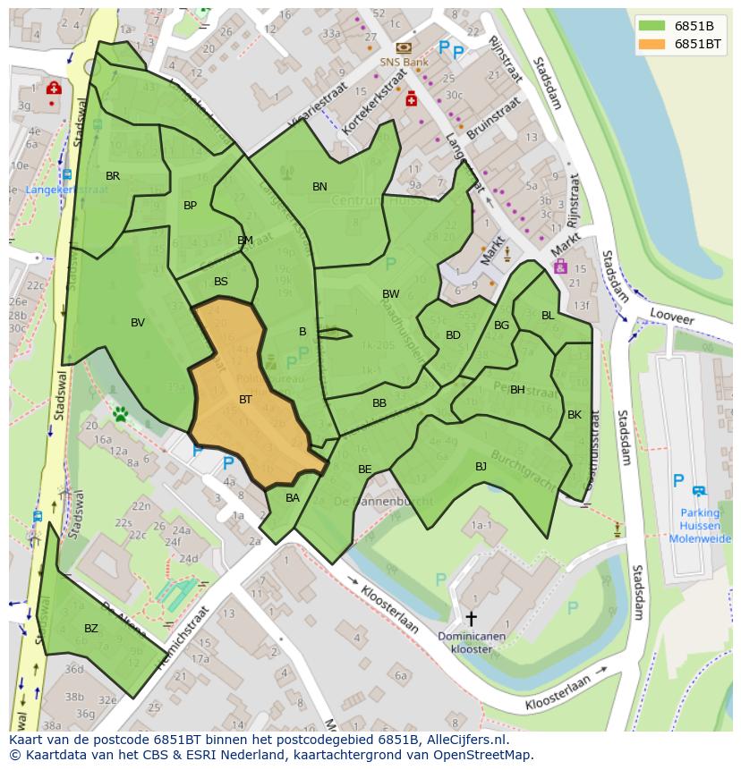 Afbeelding van het postcodegebied 6851 BT op de kaart.