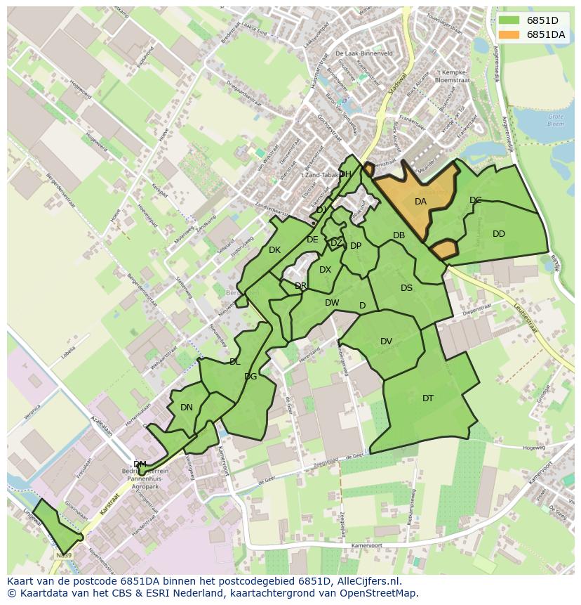 Afbeelding van het postcodegebied 6851 DA op de kaart.