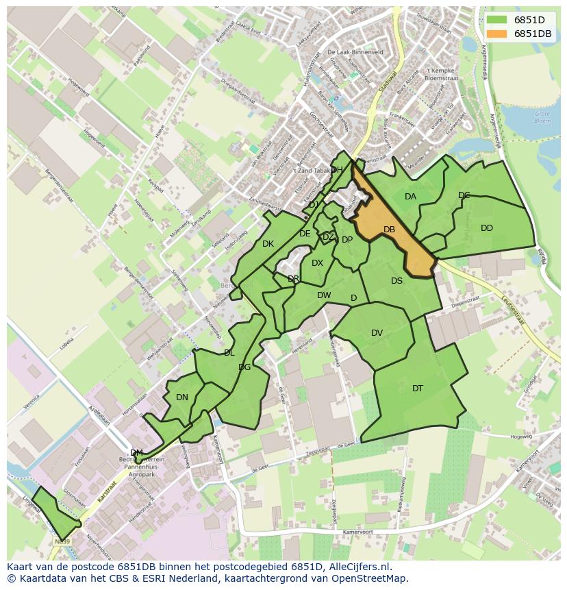 Afbeelding van het postcodegebied 6851 DB op de kaart.