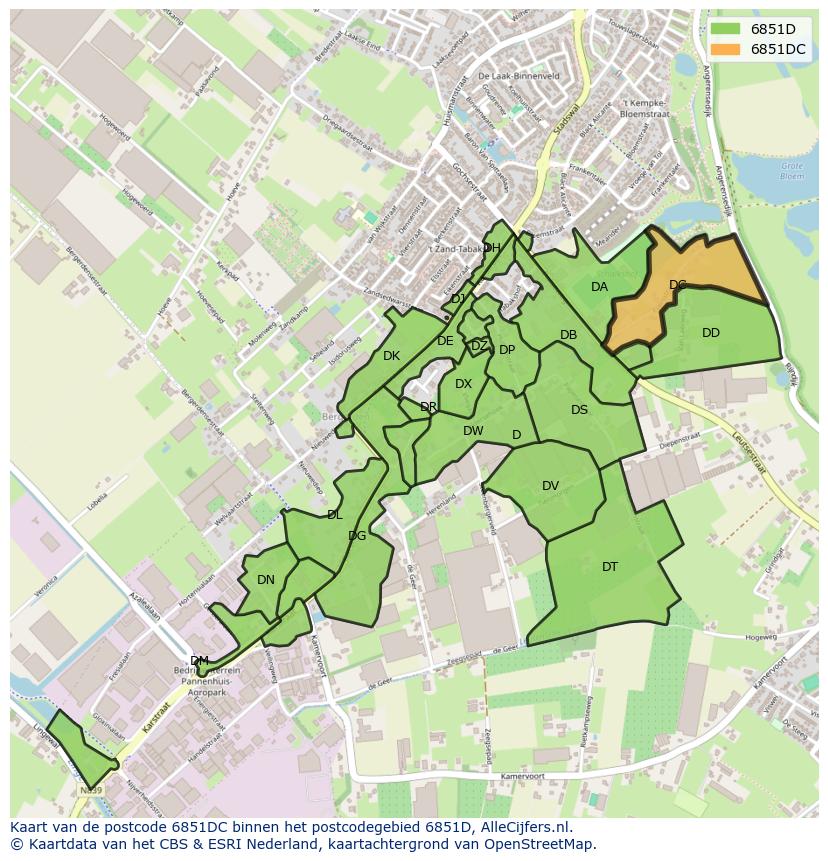 Afbeelding van het postcodegebied 6851 DC op de kaart.