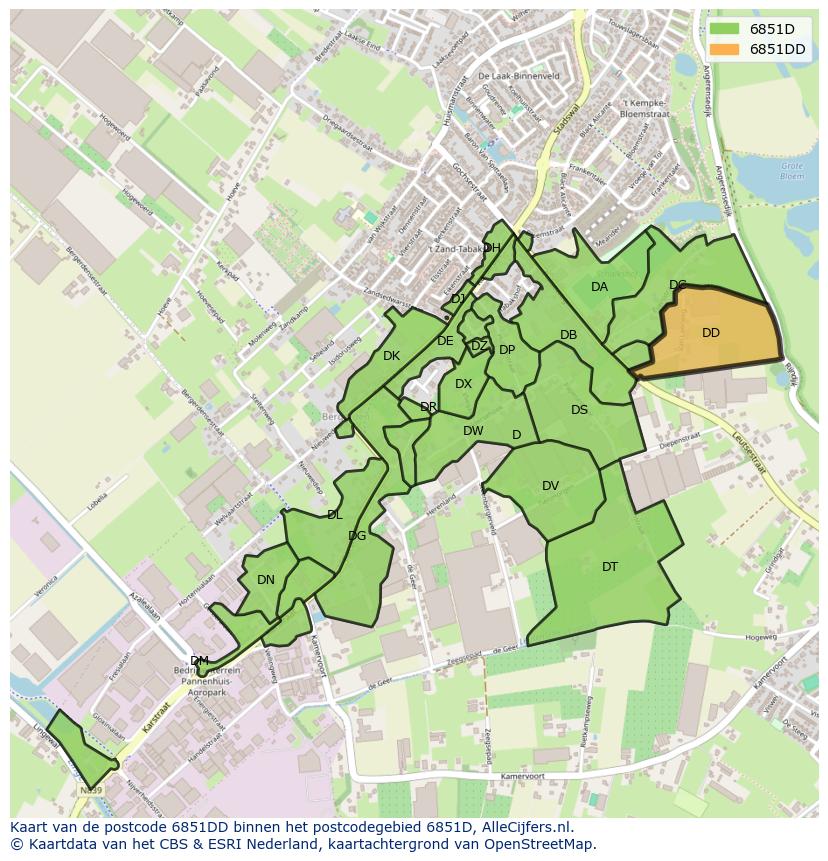 Afbeelding van het postcodegebied 6851 DD op de kaart.