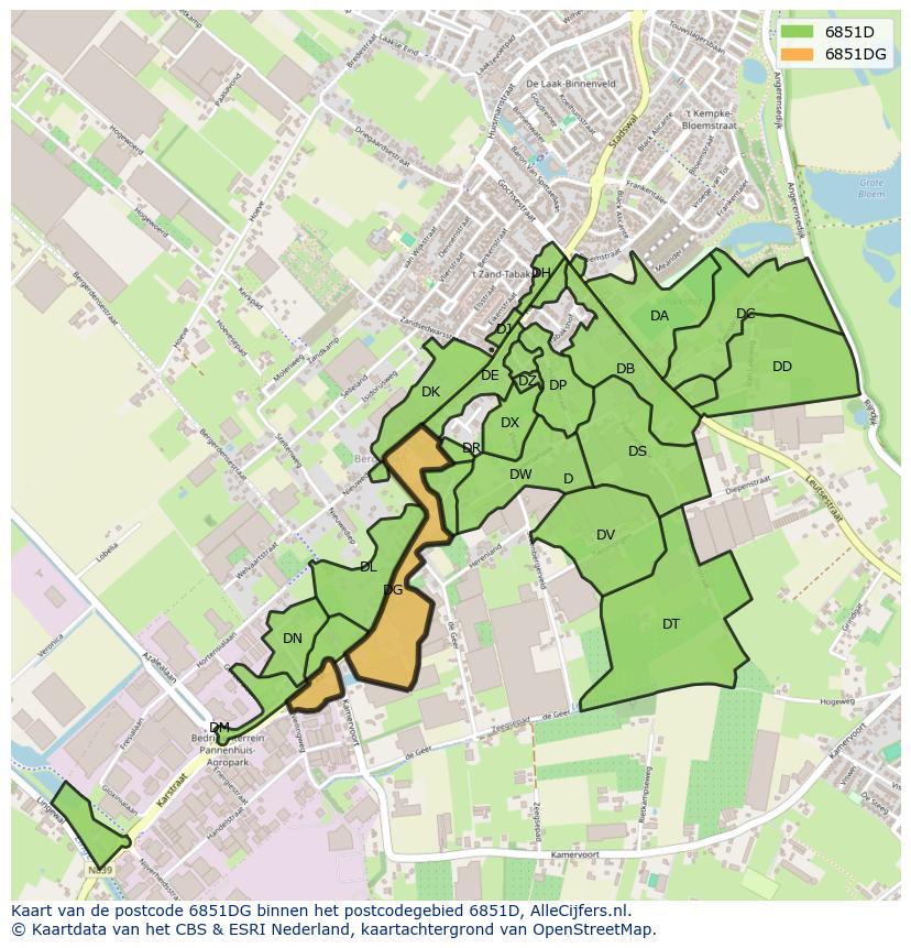 Afbeelding van het postcodegebied 6851 DG op de kaart.