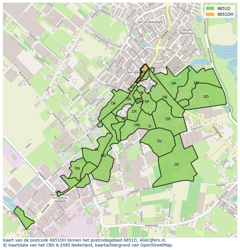 Afbeelding van het postcodegebied 6851 DH op de kaart.