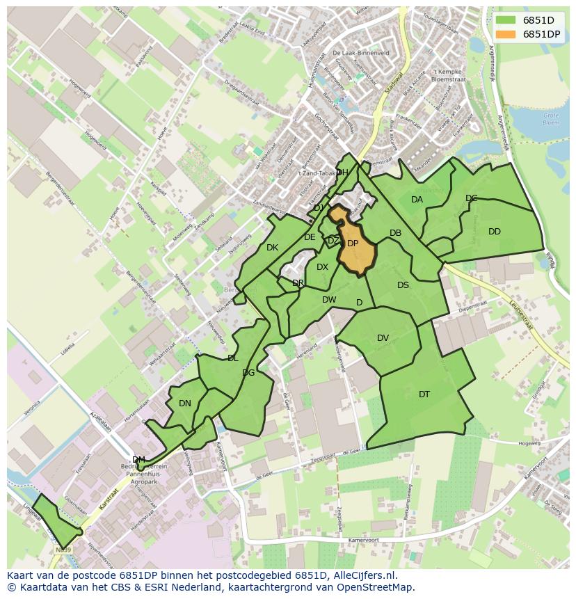 Afbeelding van het postcodegebied 6851 DP op de kaart.