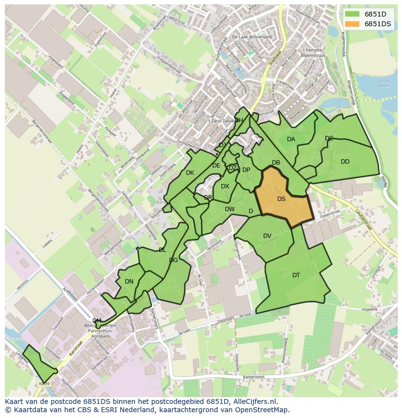 Afbeelding van het postcodegebied 6851 DS op de kaart.
