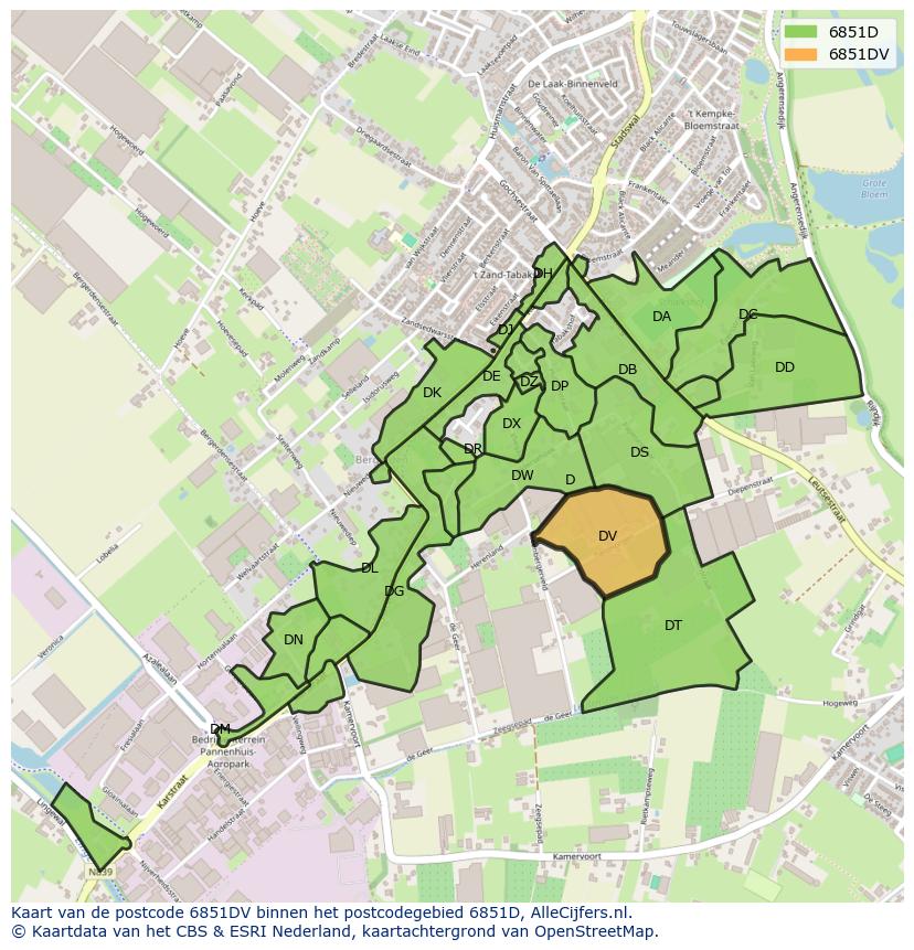 Afbeelding van het postcodegebied 6851 DV op de kaart.
