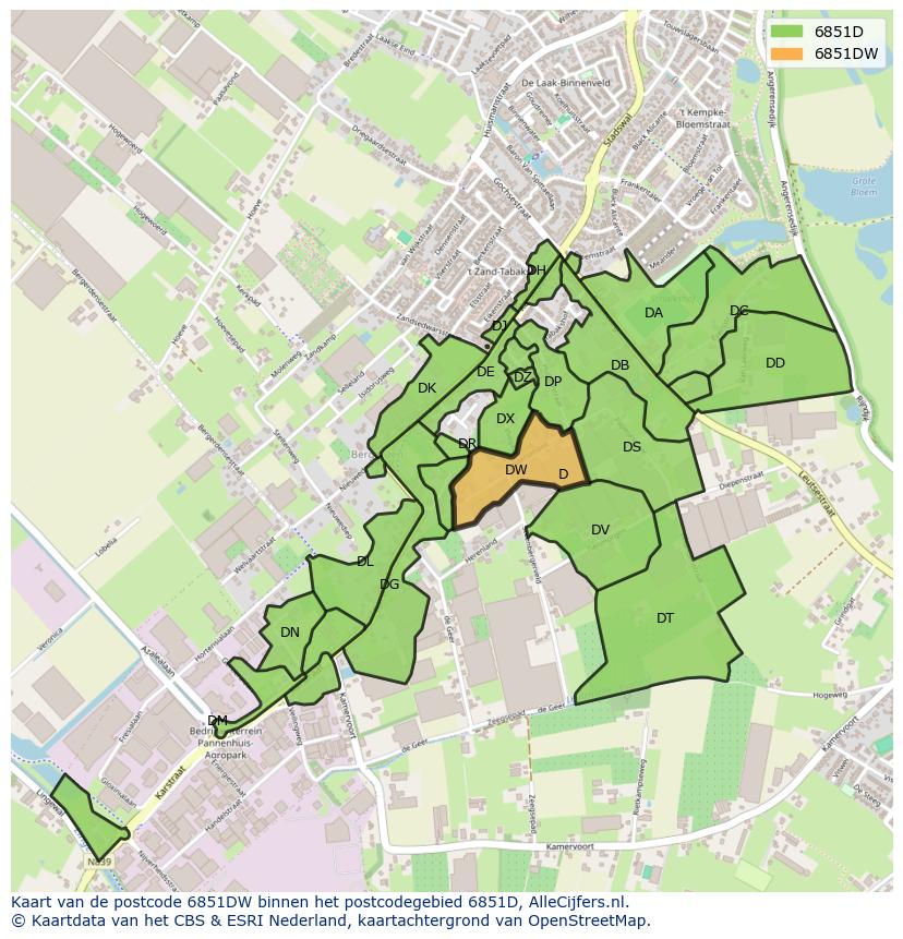 Afbeelding van het postcodegebied 6851 DW op de kaart.