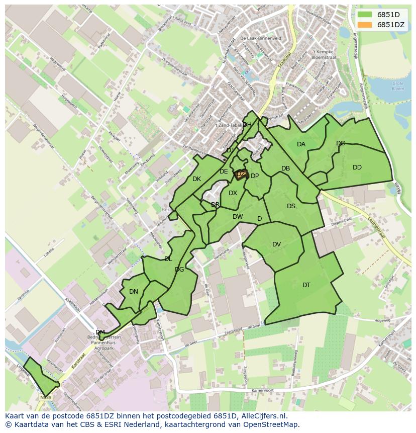 Afbeelding van het postcodegebied 6851 DZ op de kaart.