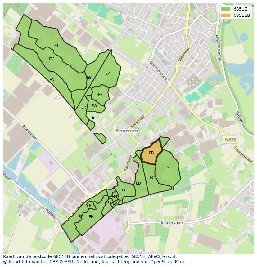 Afbeelding van het postcodegebied 6851 EB op de kaart.