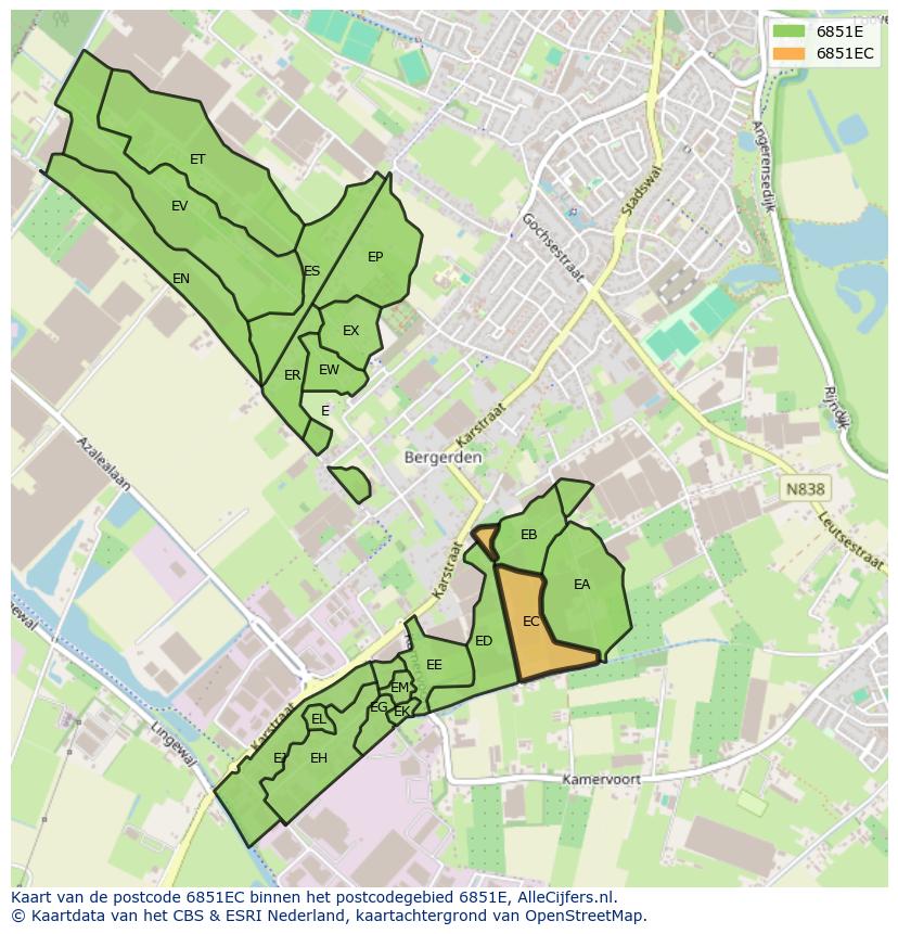 Afbeelding van het postcodegebied 6851 EC op de kaart.