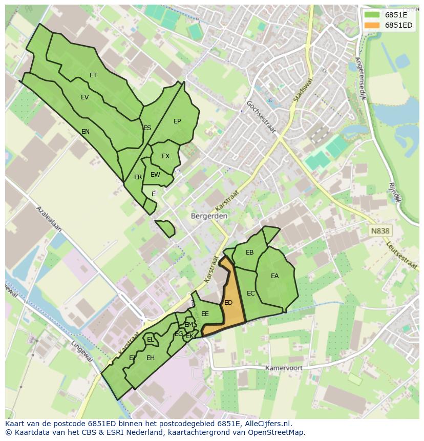 Afbeelding van het postcodegebied 6851 ED op de kaart.