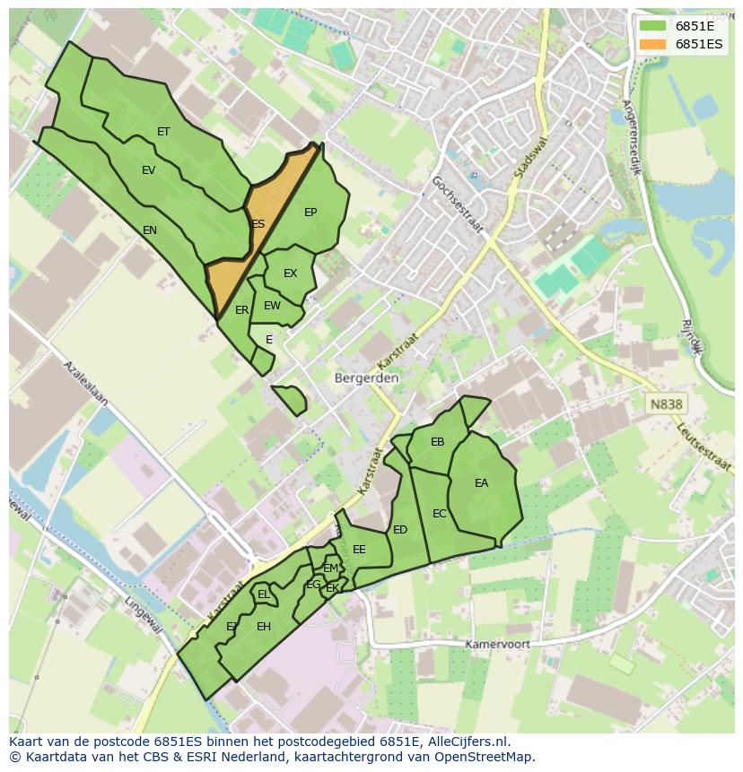 Afbeelding van het postcodegebied 6851 ES op de kaart.