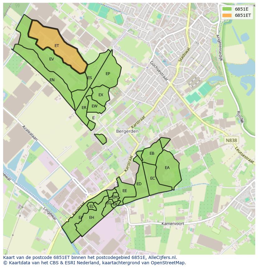 Afbeelding van het postcodegebied 6851 ET op de kaart.