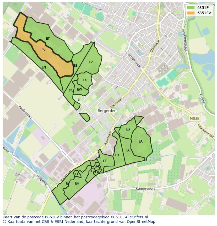 Afbeelding van het postcodegebied 6851 EV op de kaart.