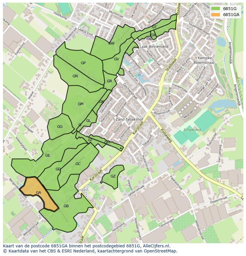 Afbeelding van het postcodegebied 6851 GA op de kaart.
