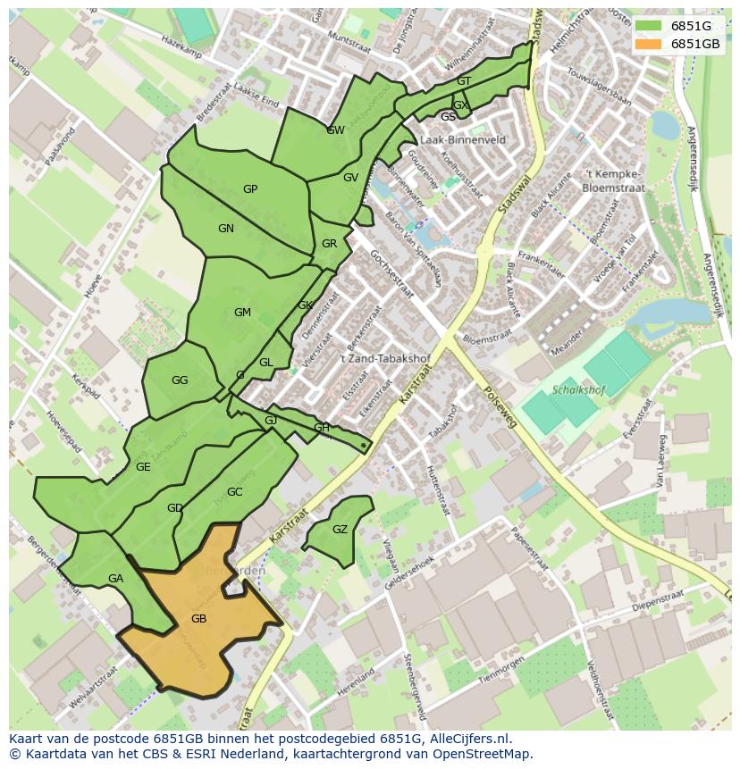 Afbeelding van het postcodegebied 6851 GB op de kaart.