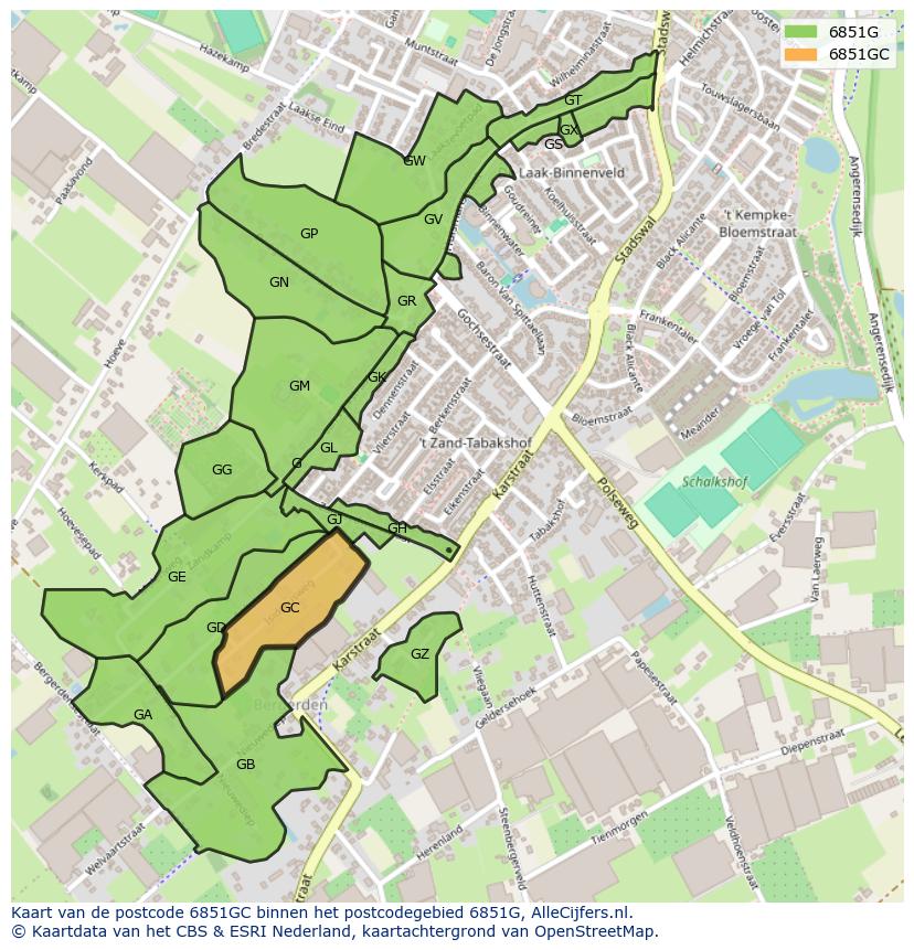 Afbeelding van het postcodegebied 6851 GC op de kaart.