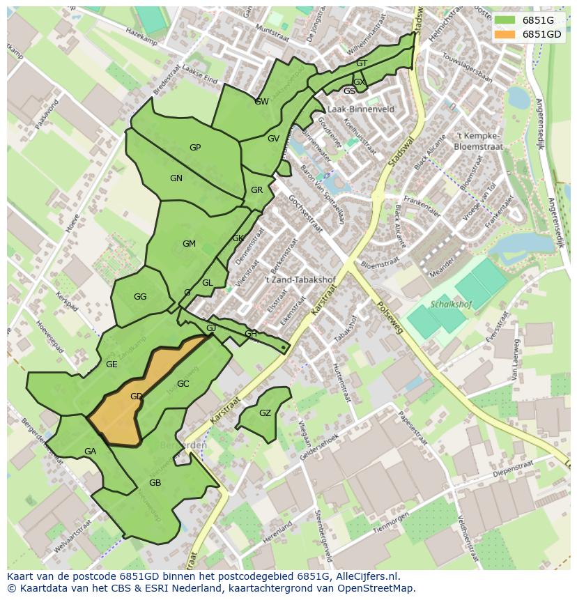Afbeelding van het postcodegebied 6851 GD op de kaart.
