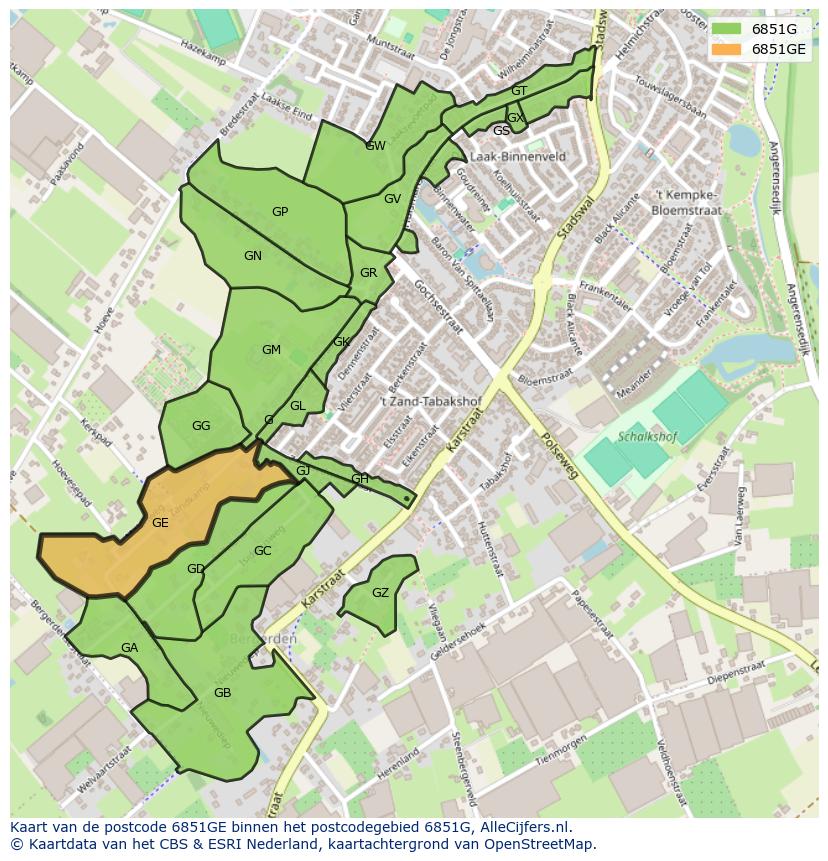 Afbeelding van het postcodegebied 6851 GE op de kaart.
