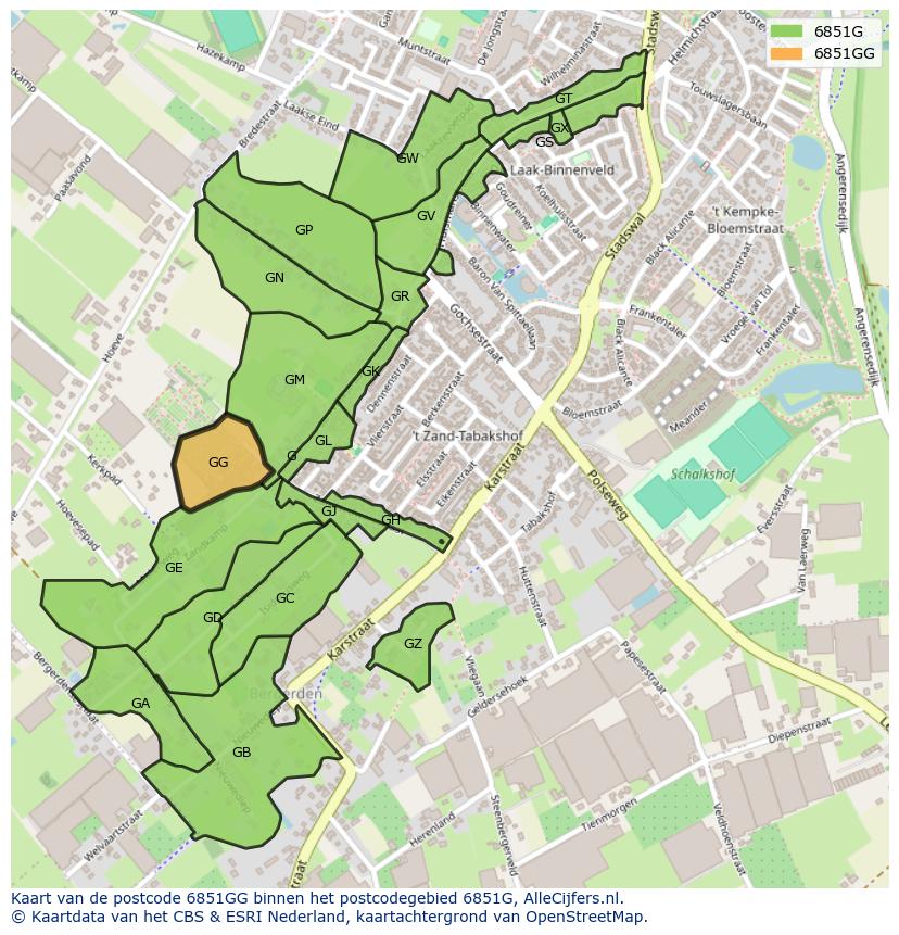 Afbeelding van het postcodegebied 6851 GG op de kaart.