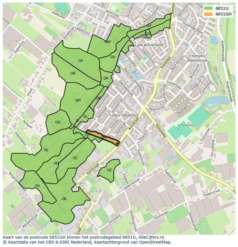 Afbeelding van het postcodegebied 6851 GH op de kaart.