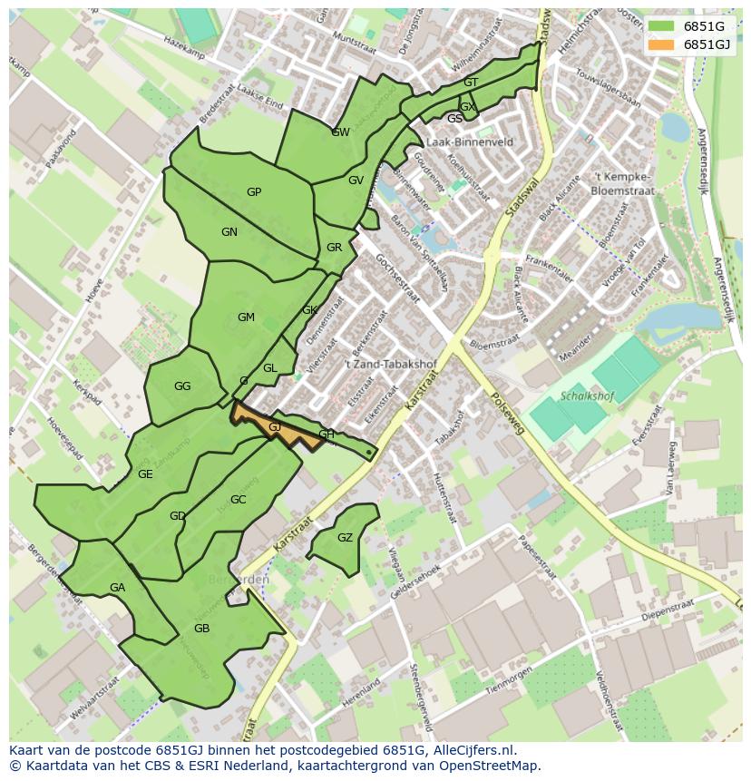 Afbeelding van het postcodegebied 6851 GJ op de kaart.