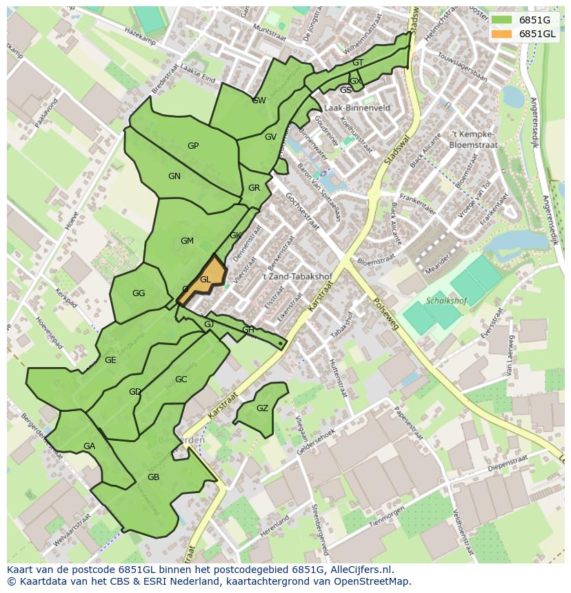 Afbeelding van het postcodegebied 6851 GL op de kaart.