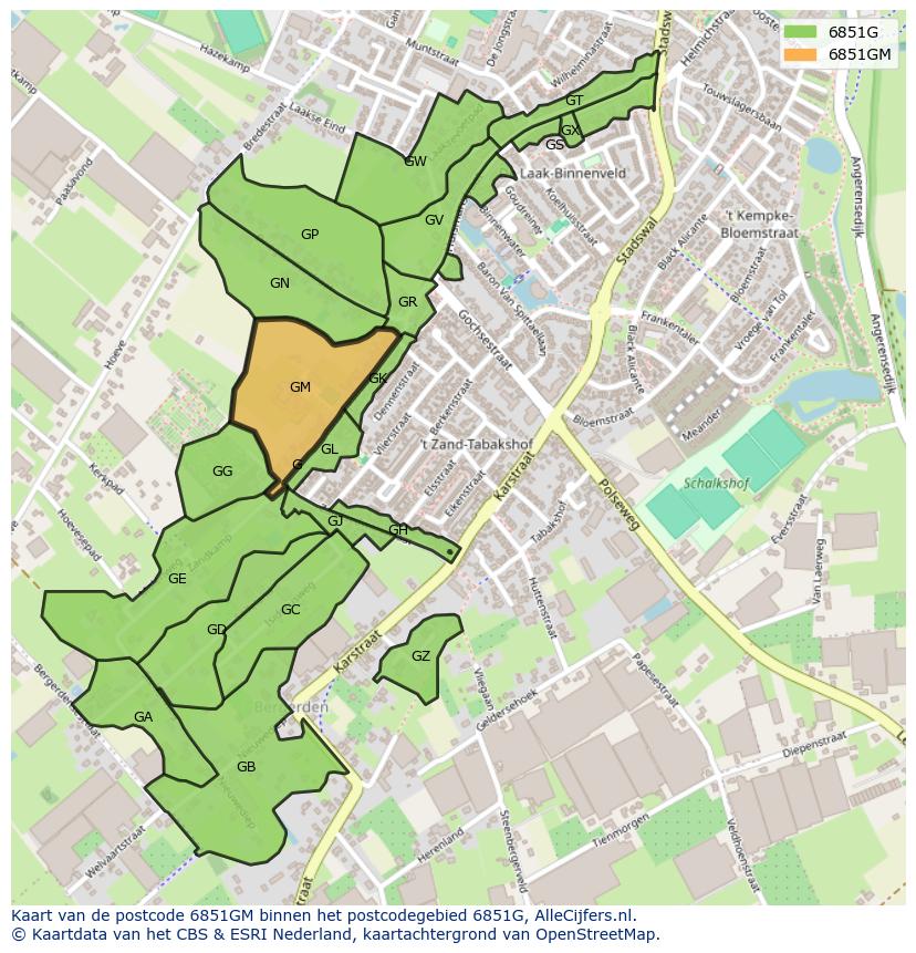 Afbeelding van het postcodegebied 6851 GM op de kaart.