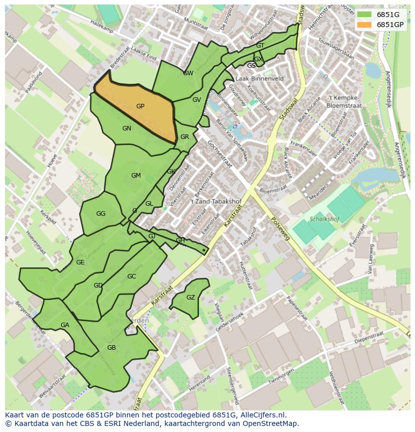 Afbeelding van het postcodegebied 6851 GP op de kaart.