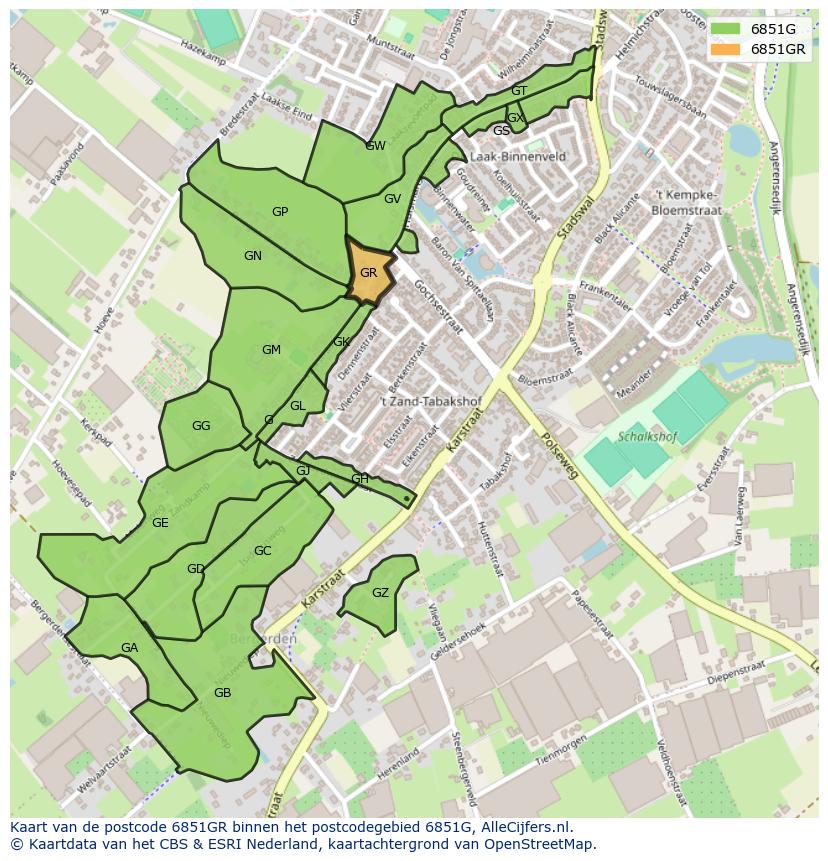 Afbeelding van het postcodegebied 6851 GR op de kaart.