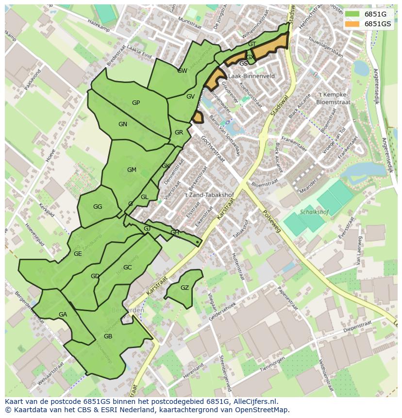 Afbeelding van het postcodegebied 6851 GS op de kaart.