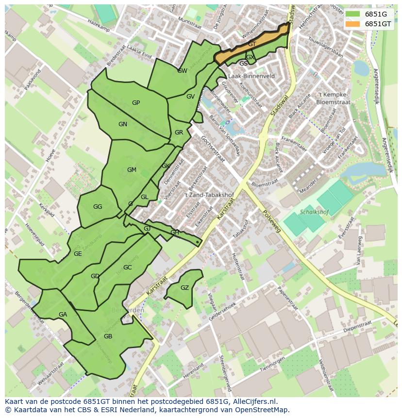 Afbeelding van het postcodegebied 6851 GT op de kaart.