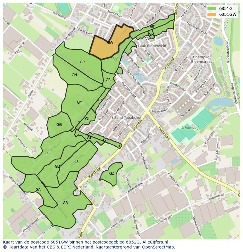 Afbeelding van het postcodegebied 6851 GW op de kaart.