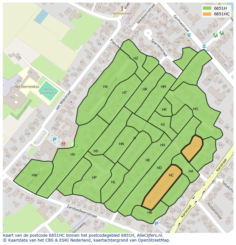 Afbeelding van het postcodegebied 6851 HC op de kaart.