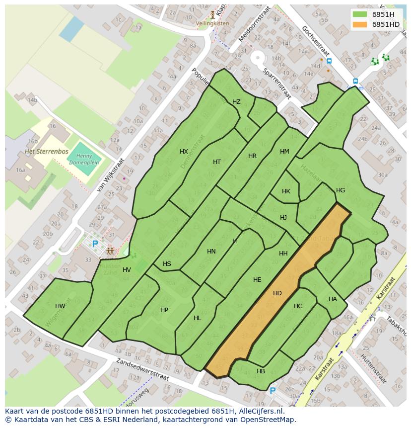 Afbeelding van het postcodegebied 6851 HD op de kaart.